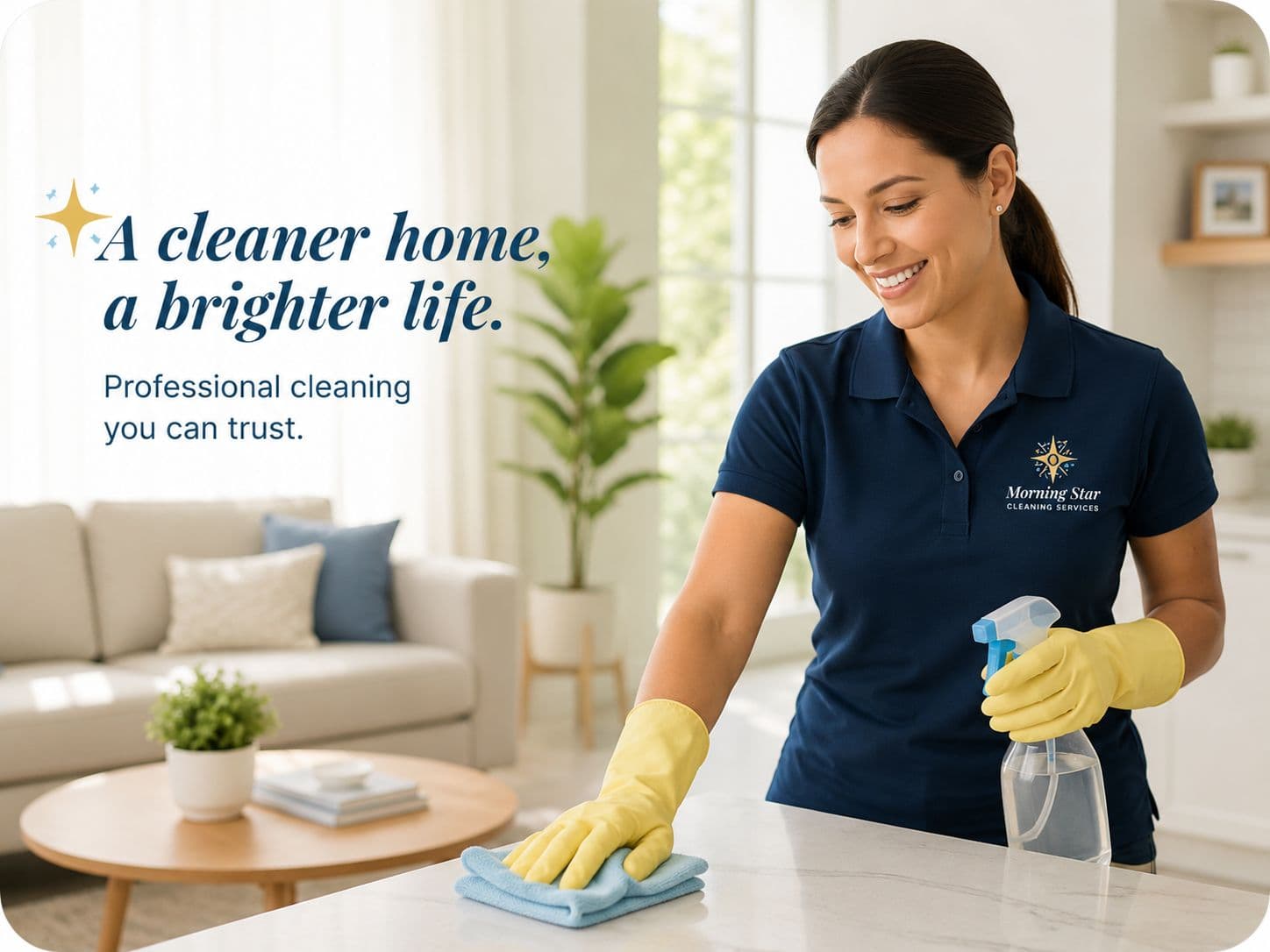 A Morning Star cleaner in navy uniform wiping a marble coffee table in a bright living room